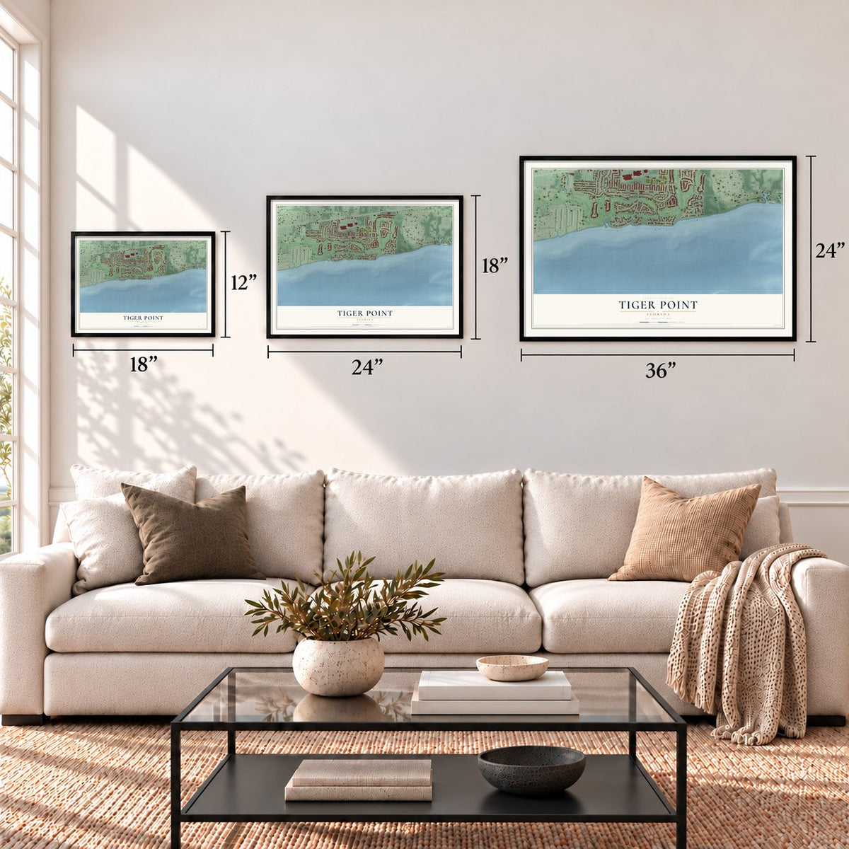 Tiger Point, Florida map in 12 x 18, 18 x 24 and 24 x 36 inch sizes above a sofa