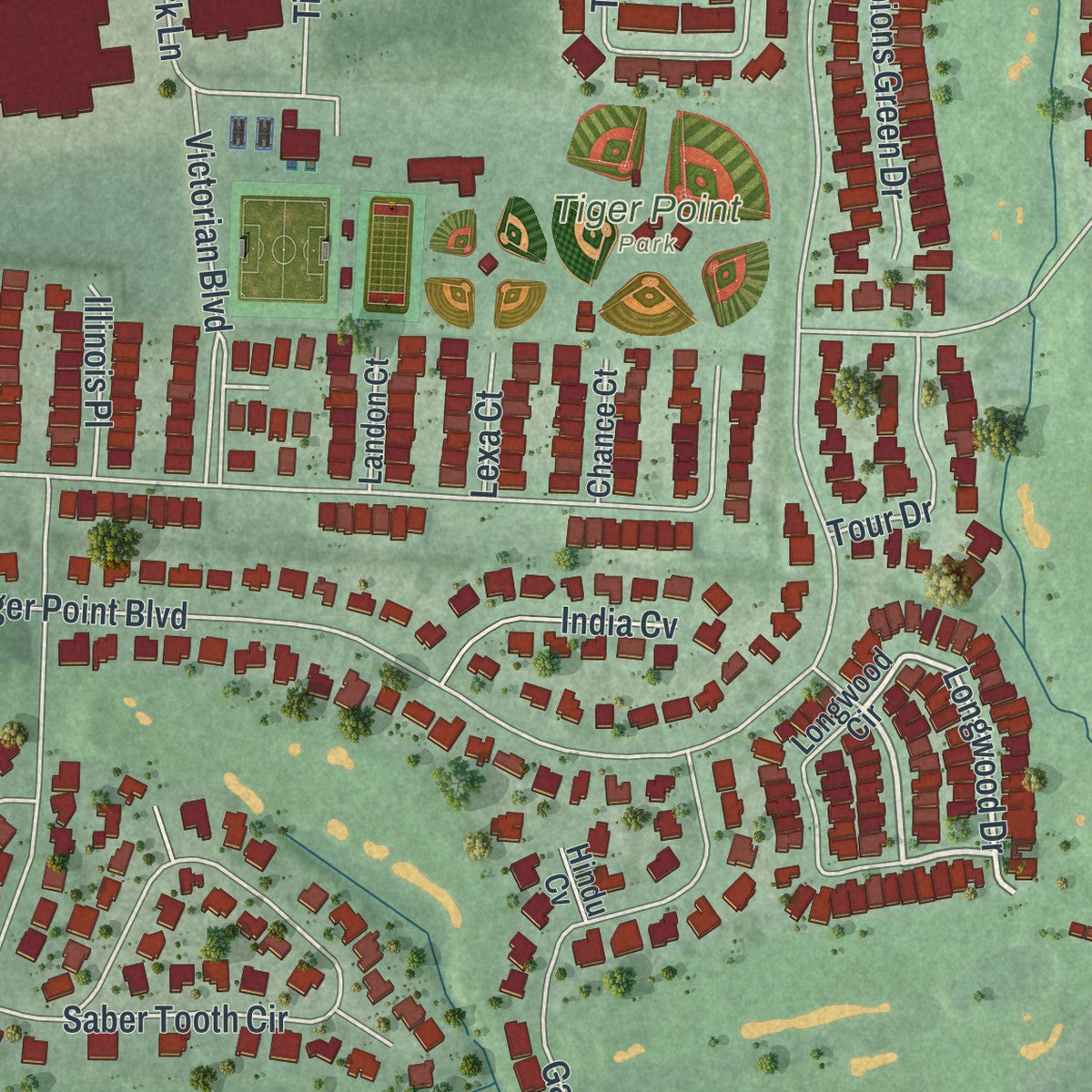 Close-up of the map of Tiger Point, Florida print showing street and building detail