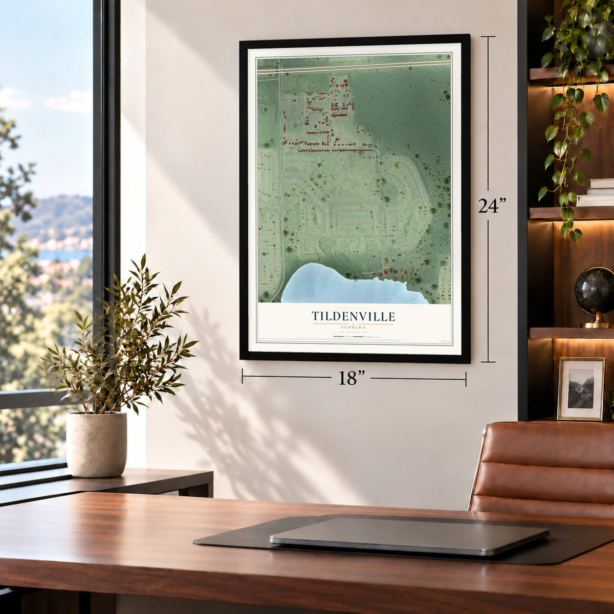 Tildenville, Florida map, 18 x 24 inch print in a black frame in a home office