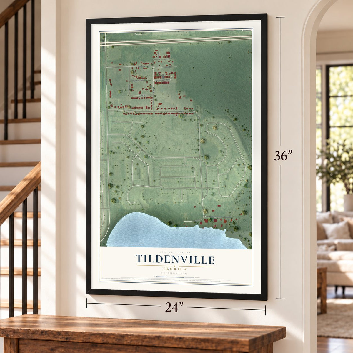 Tildenville, Florida map, 24 x 36 inch print in a black frame by a staircase