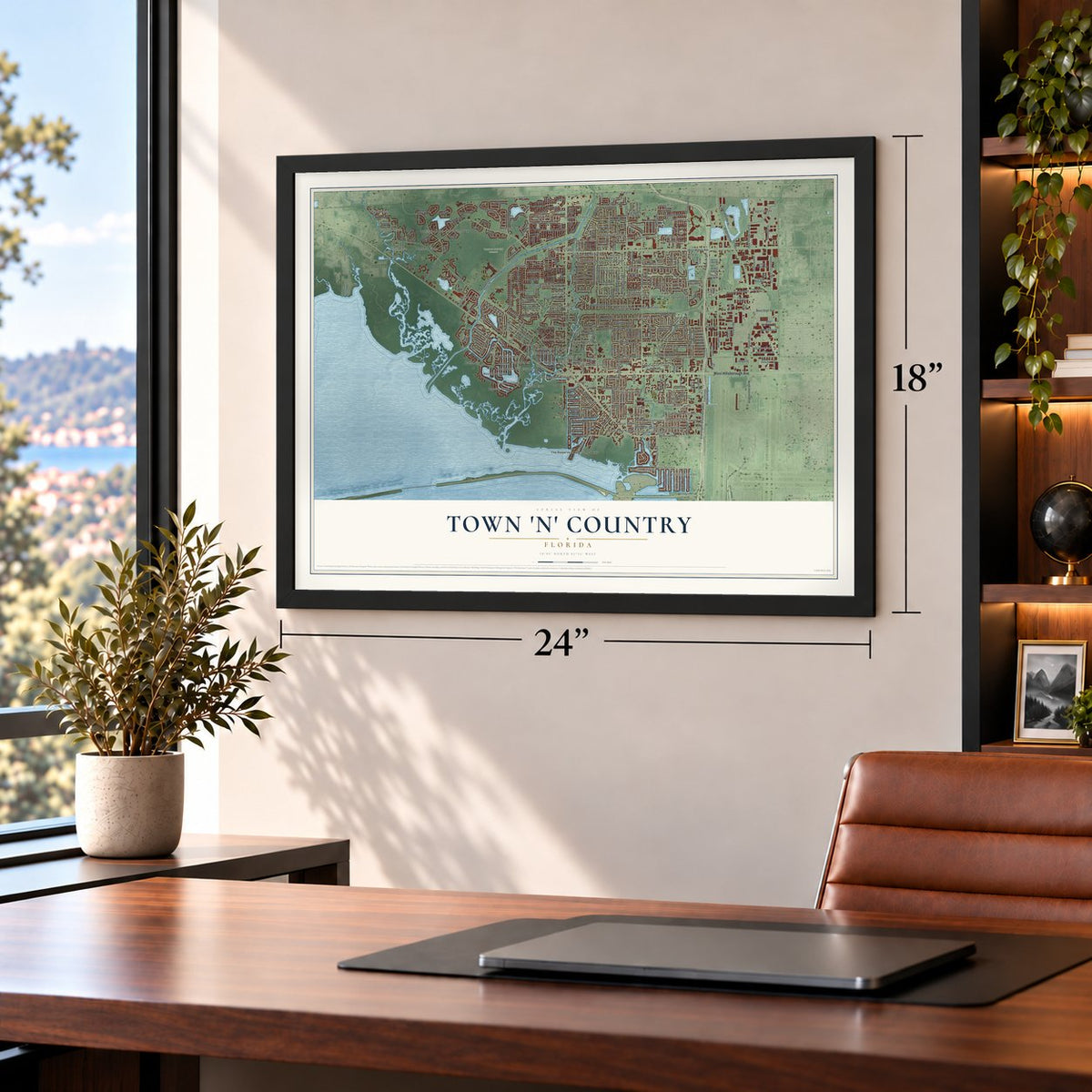 Town 'n' Country, Florida map, 18 x 24 inch print in a black frame in a home office