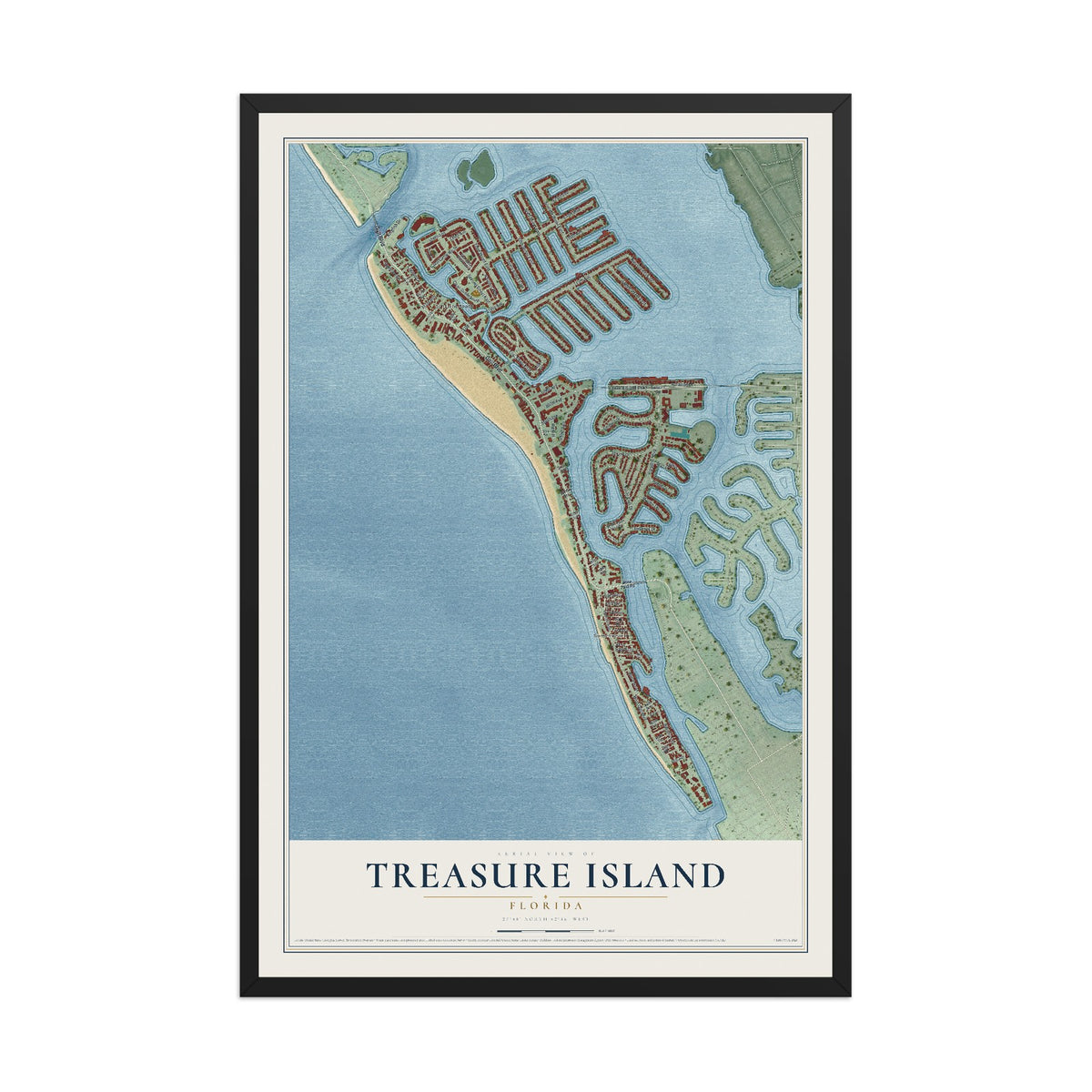 Treasure Island, Florida map print, 12" x 18" W/ Black Ayous Wood Frame mockup