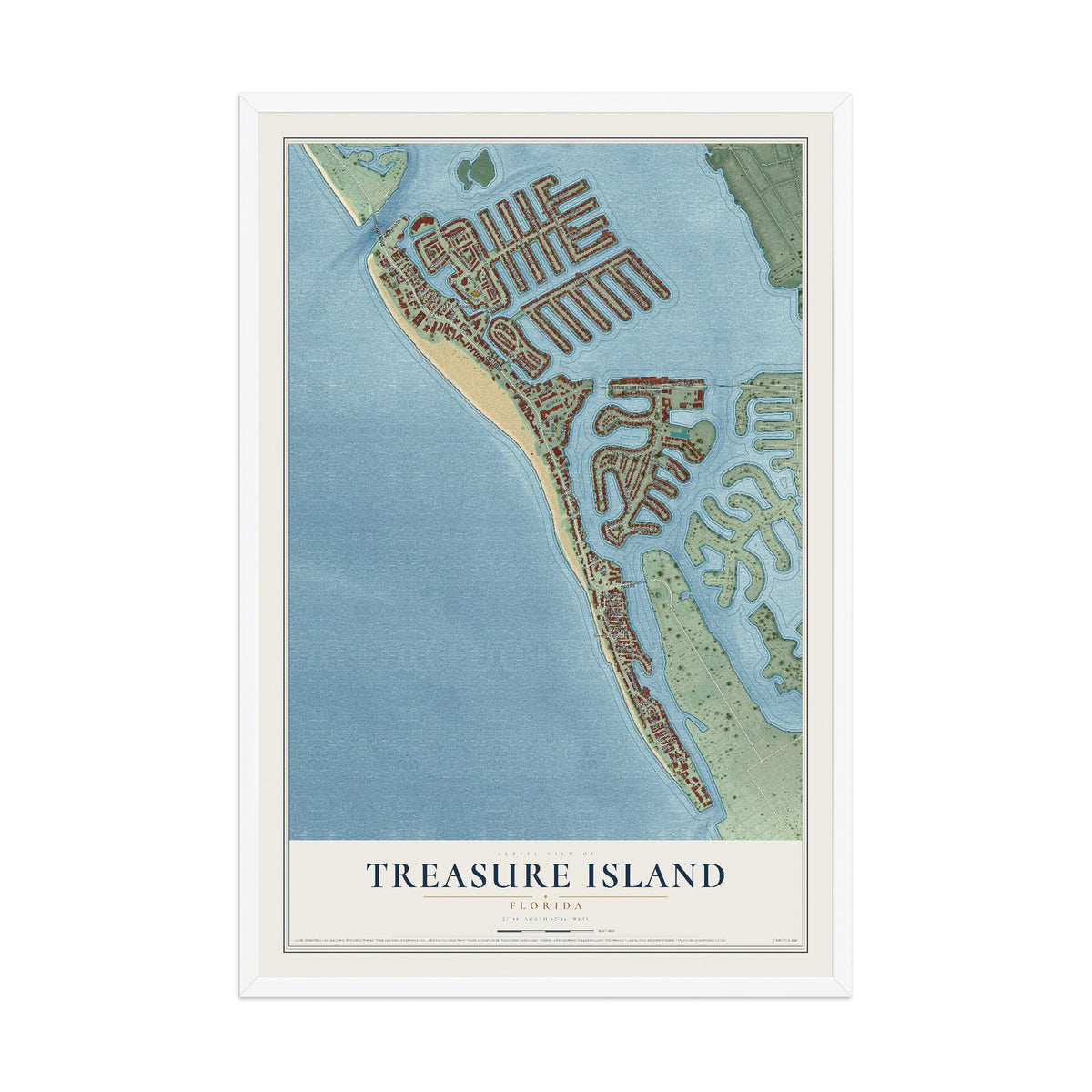 Treasure Island, Florida map print, 12" x 18" W/ White Ayous Wood Frame mockup
