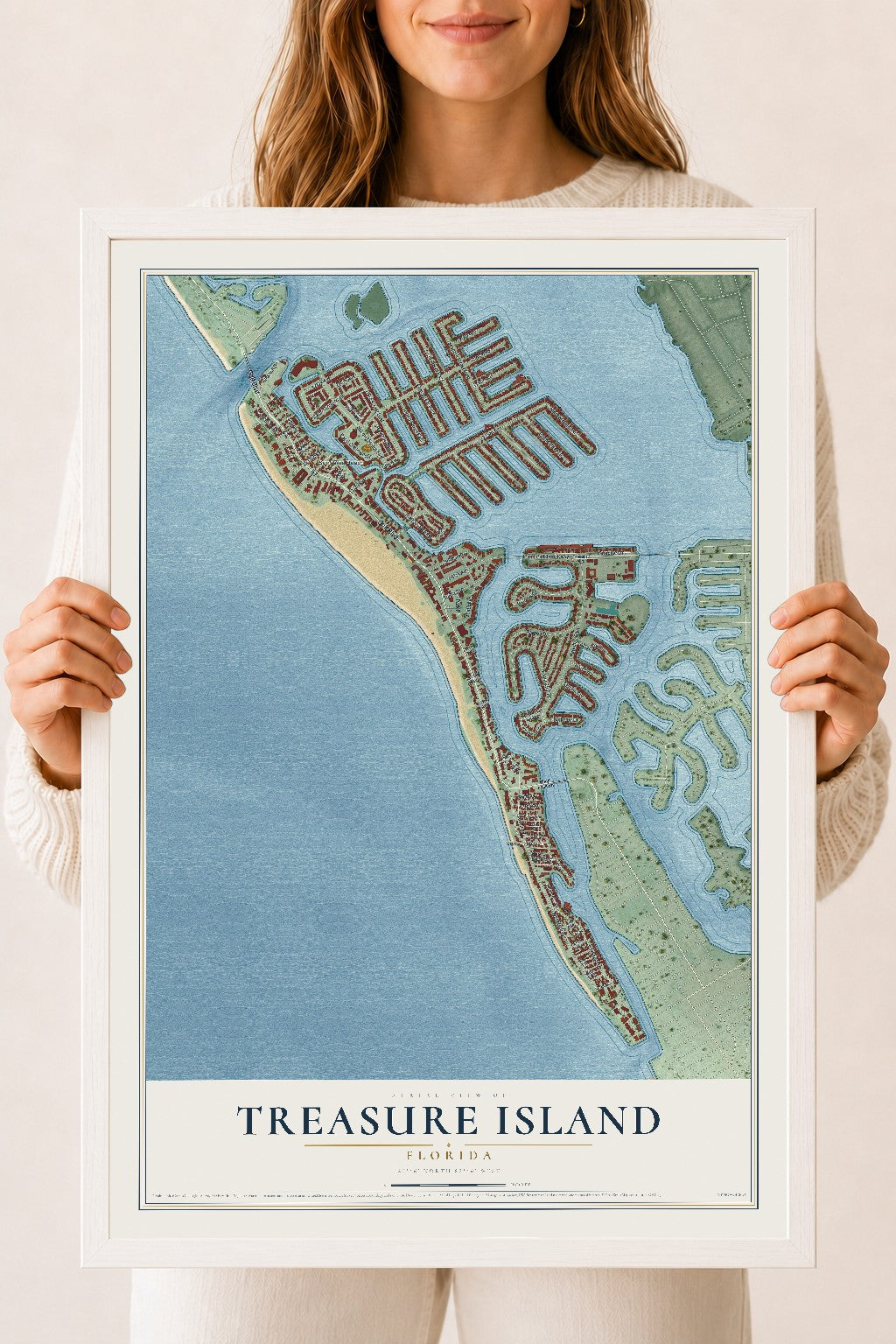 Treasure Island, Florida map print, 18" x 24" W/ White Ayous Wood Frame mockup