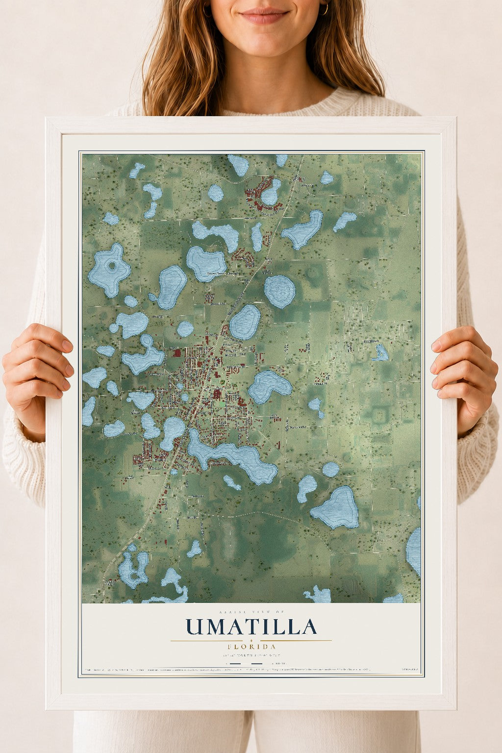 Umatilla, Florida map print, 18" x 24" W/ White Ayous Wood Frame mockup