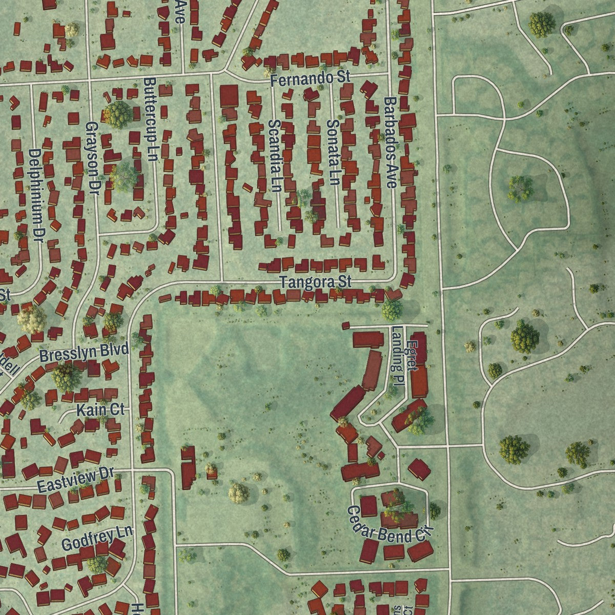 Close-up of the map of Union Park, Florida print showing street and building detail