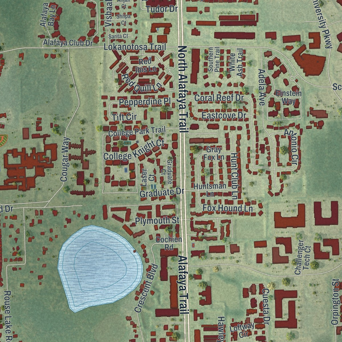 Close-up of the map of University, Orange County, Florida print showing street and building detail