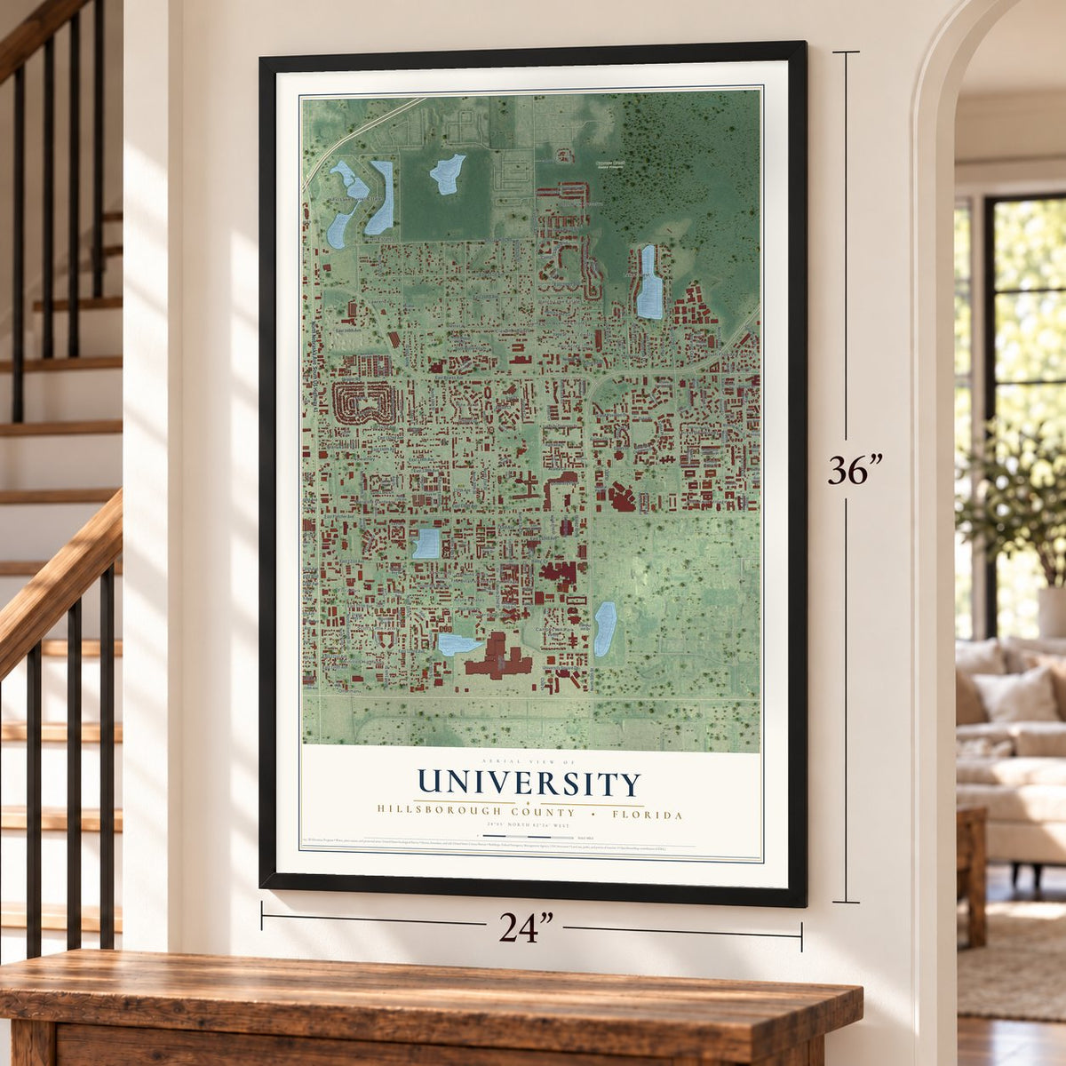 University, Hillsborough County, Florida map, 24 x 36 inch print in a black frame by a staircase