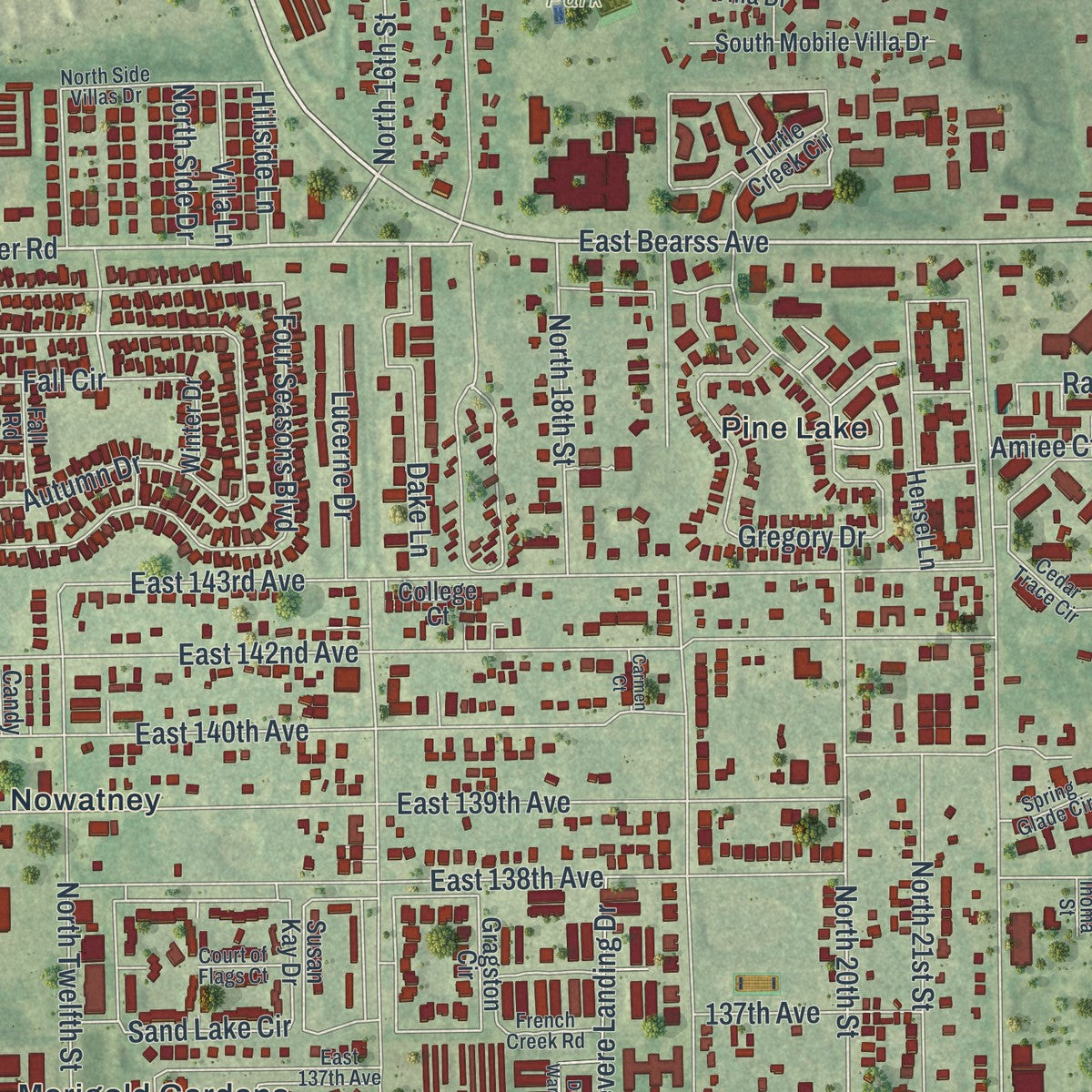 Close-up of the map of University, Hillsborough County, Florida print showing street and building detail