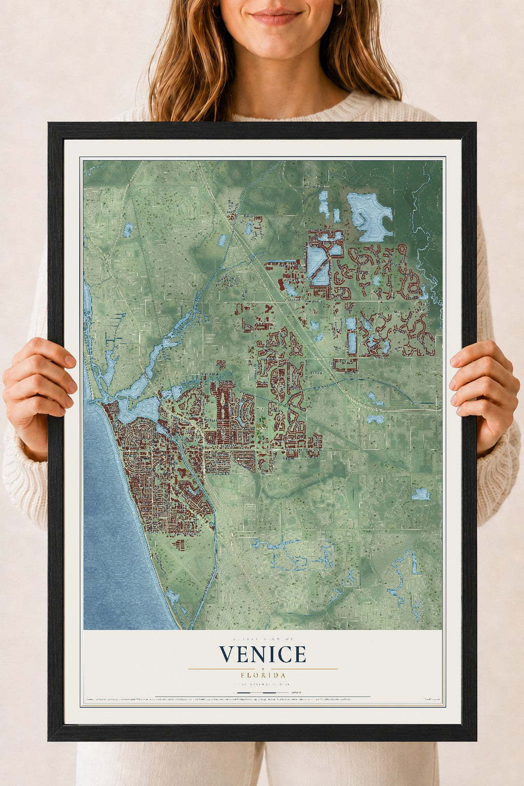 Venice, Florida map print, 18" x 24" W/ Black Ayous Wood Frame mockup