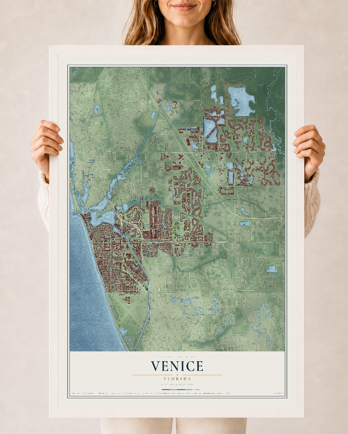 Venice, Florida map print, 24" x 36" W/ White Ayous Wood Frame mockup