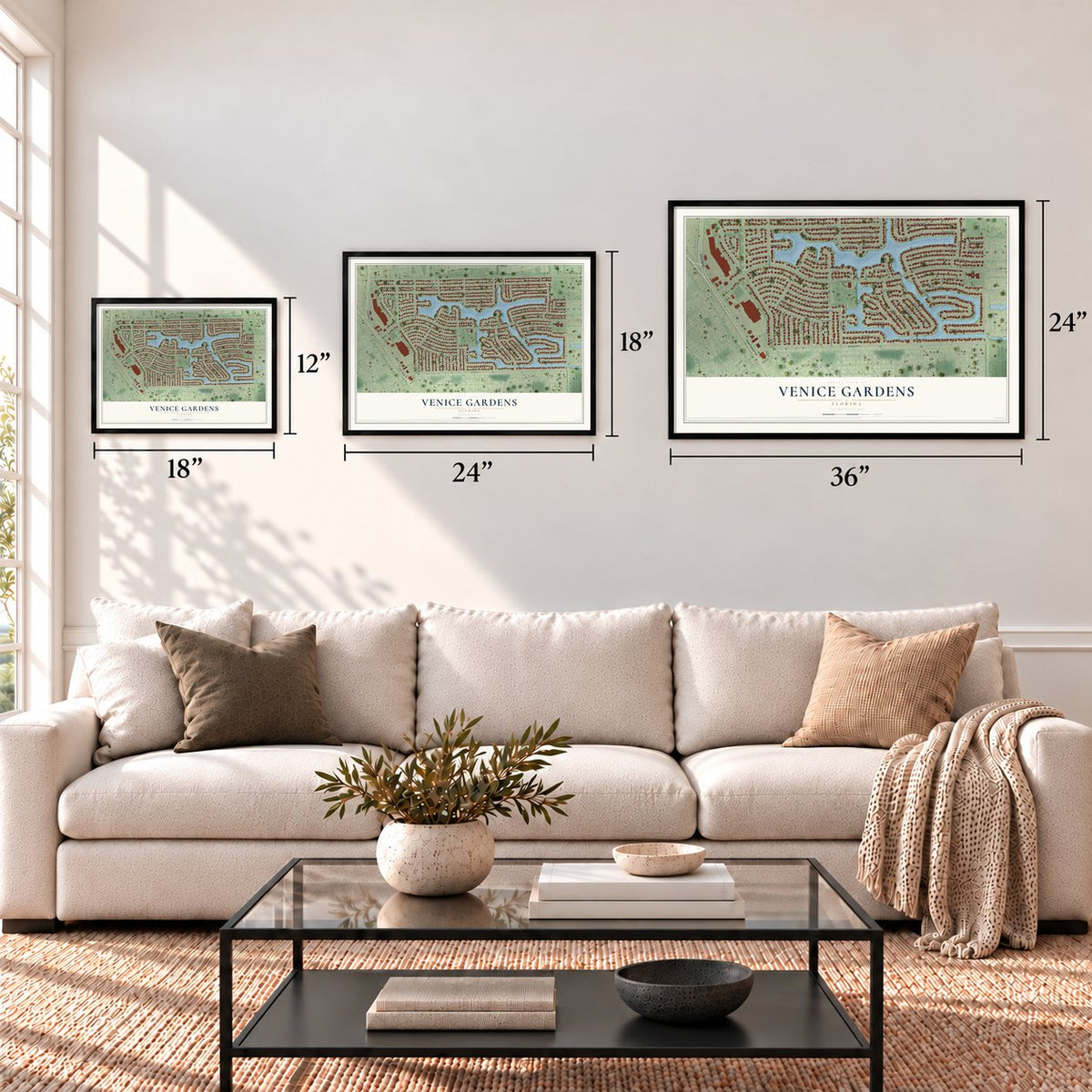 Venice Gardens, Florida map in 12 x 18, 18 x 24 and 24 x 36 inch sizes above a sofa