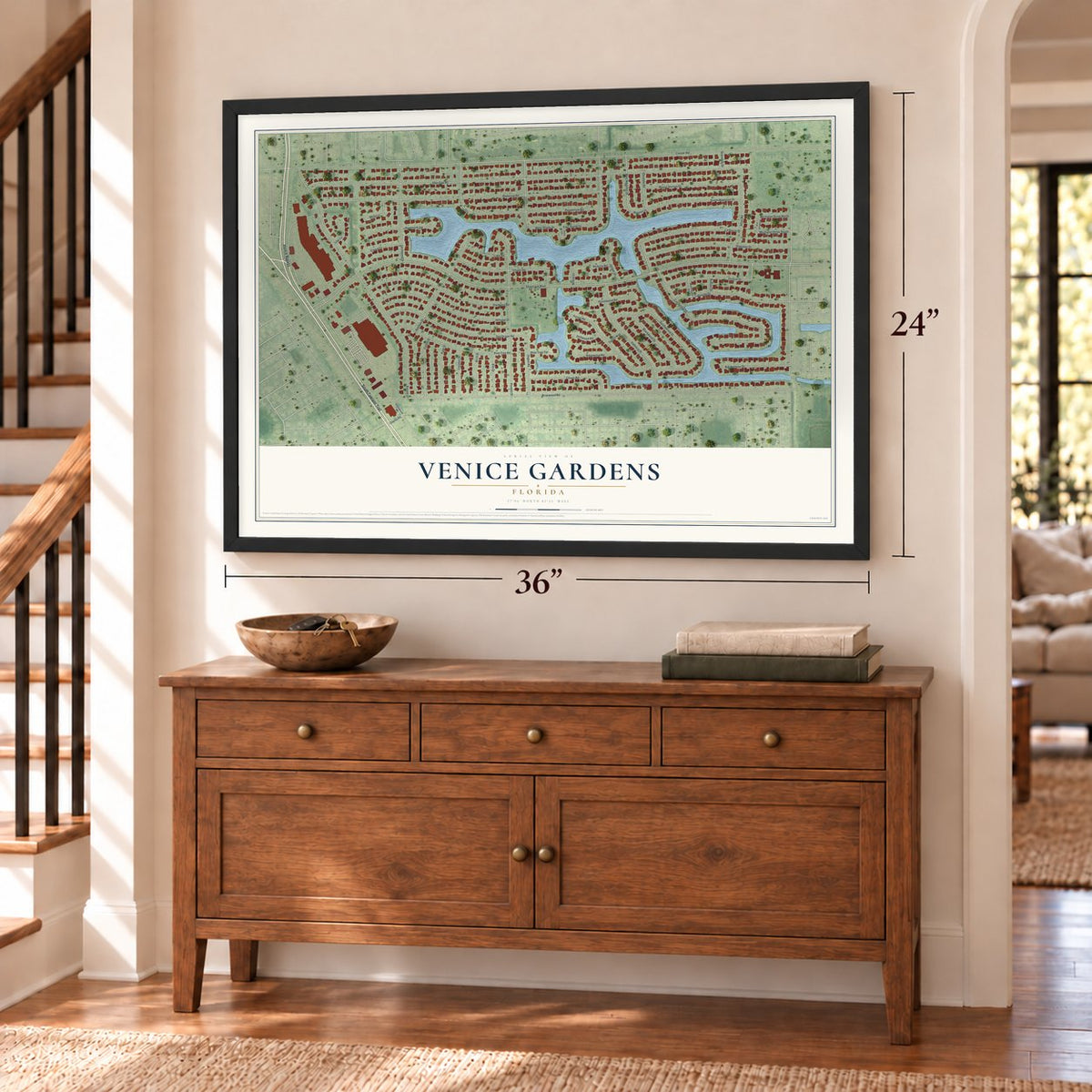 Venice Gardens, Florida map, 24 x 36 inch print in a black frame above a dresser by a staircase
