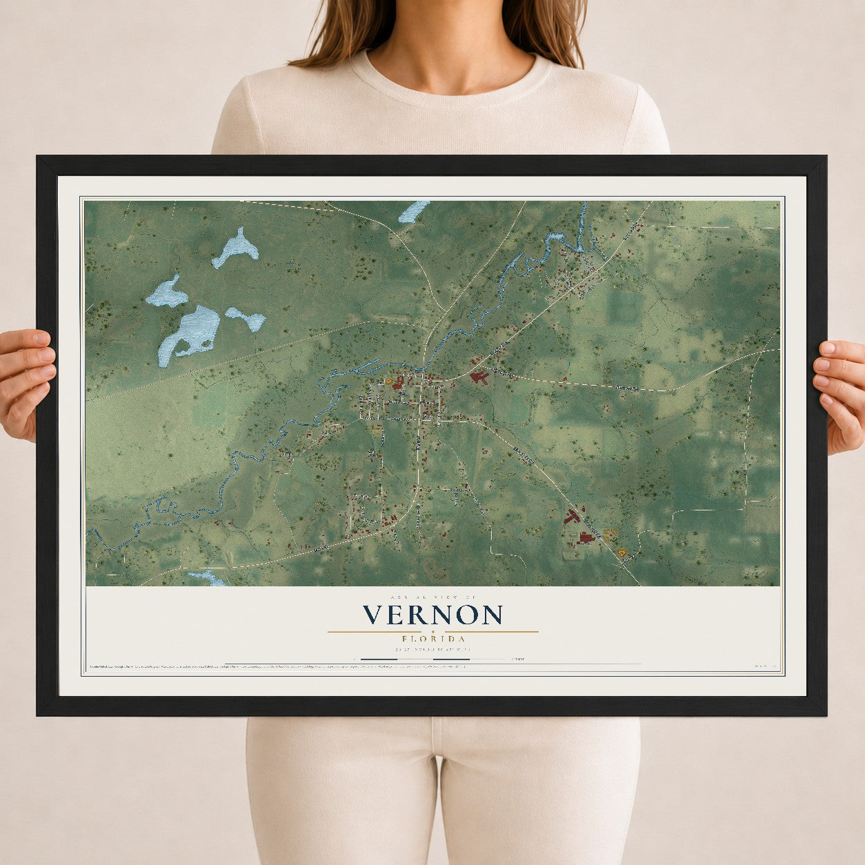 Vernon, Florida map print, 18" x 24" W/ Black Ayous Wood Frame mockup