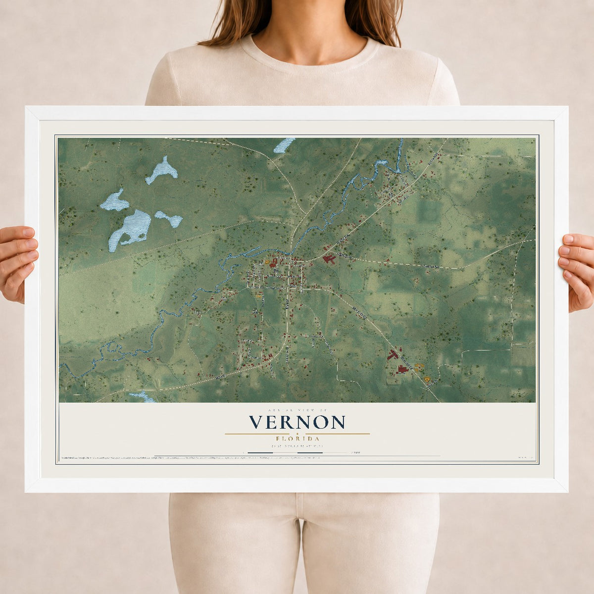 Vernon, Florida map print, 18" x 24" W/ White Ayous Wood Frame mockup