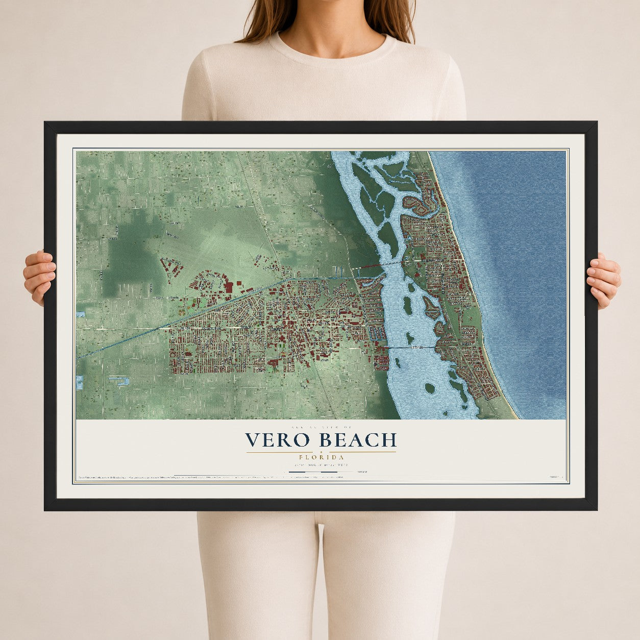 Vero Beach, Florida map print, 24" x 36" W/ Black Ayous Wood Frame mockup