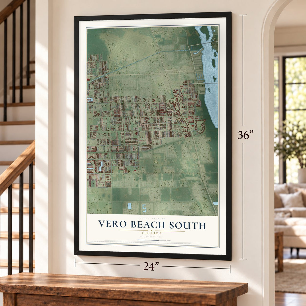 Vero Beach South, Florida map, 24 x 36 inch print in a black frame by a staircase