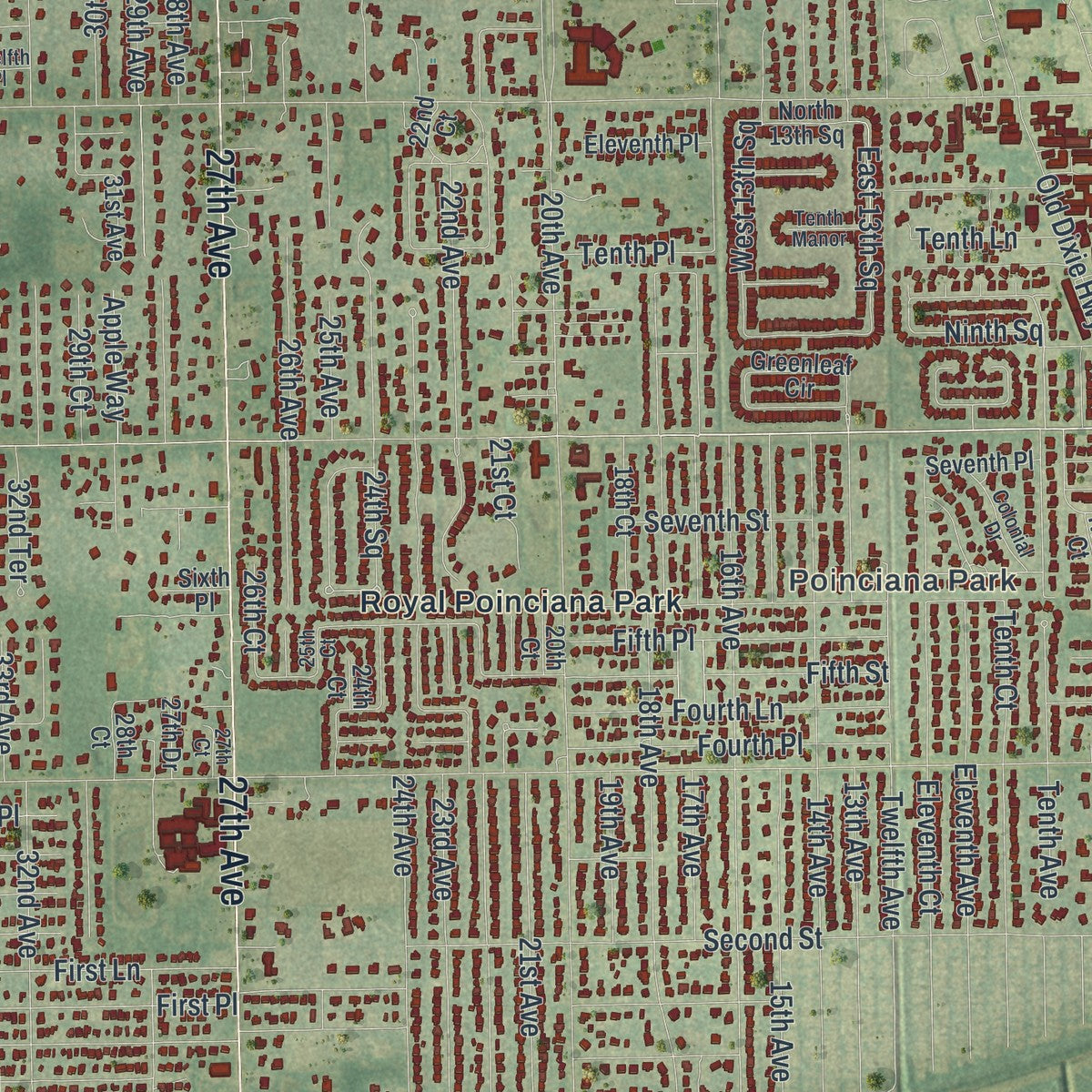 Close-up of the map of Vero Beach South, Florida print showing street and building detail
