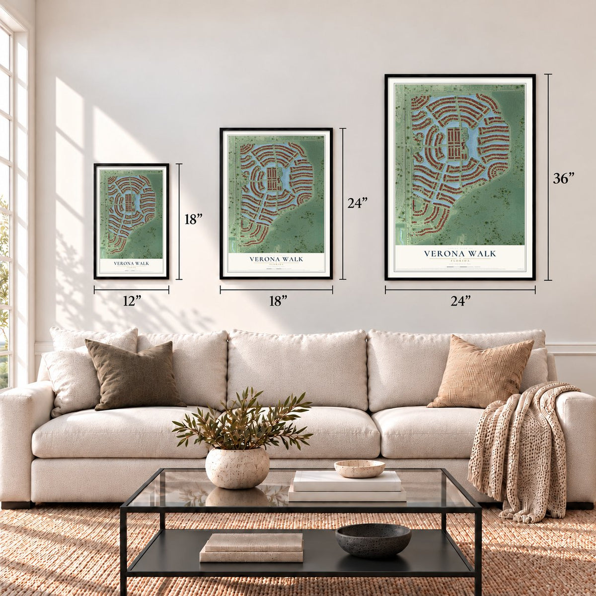 Verona Walk, Florida map in 12 x 18, 18 x 24 and 24 x 36 inch sizes above a sofa