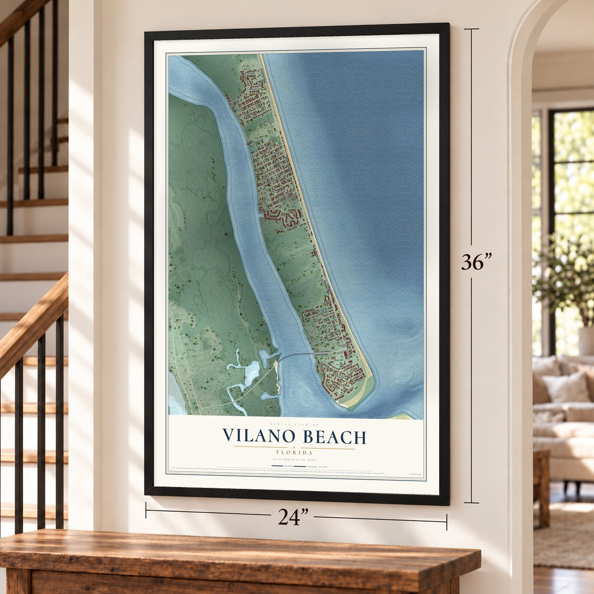 Vilano Beach, Florida map, 24 x 36 inch print in a black frame by a staircase