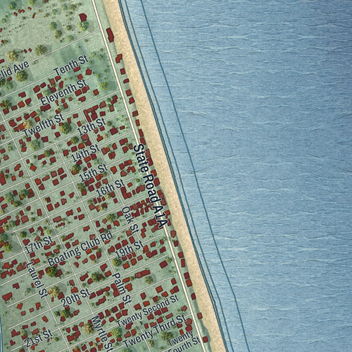 Close-up of the map of Vilano Beach, Florida print showing street and building detail