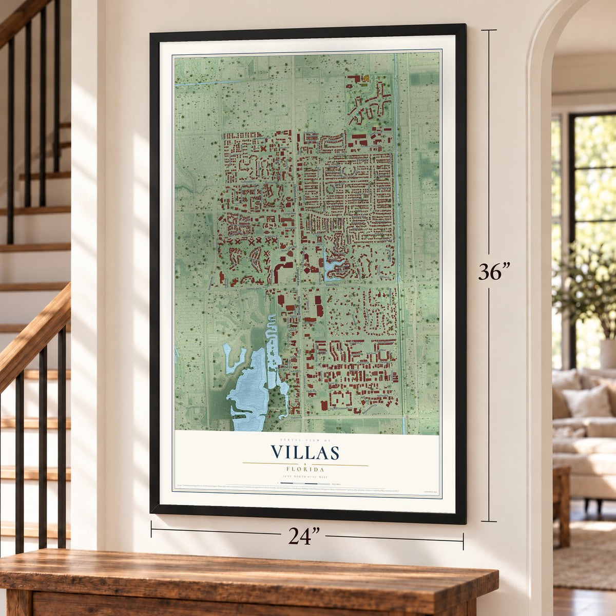 Villas, Florida map, 24 x 36 inch print in a black frame by a staircase