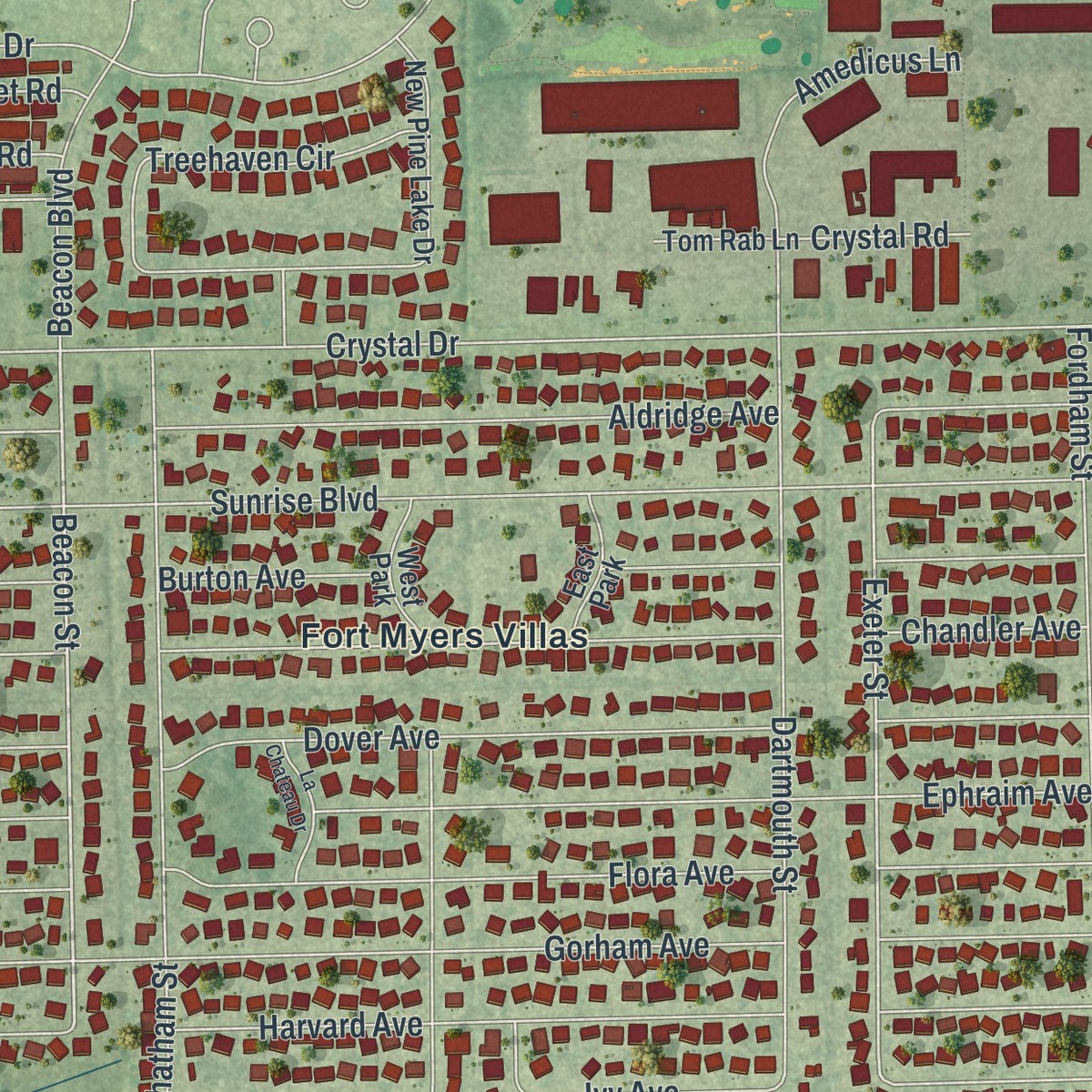 Close-up of the map of Villas, Florida print showing street and building detail