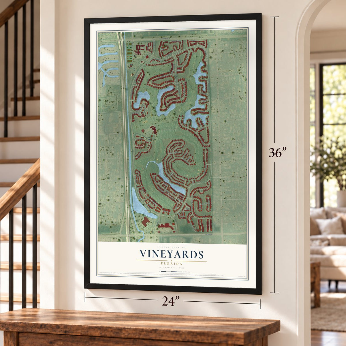 Vineyards, Florida map, 24 x 36 inch print in a black frame by a staircase