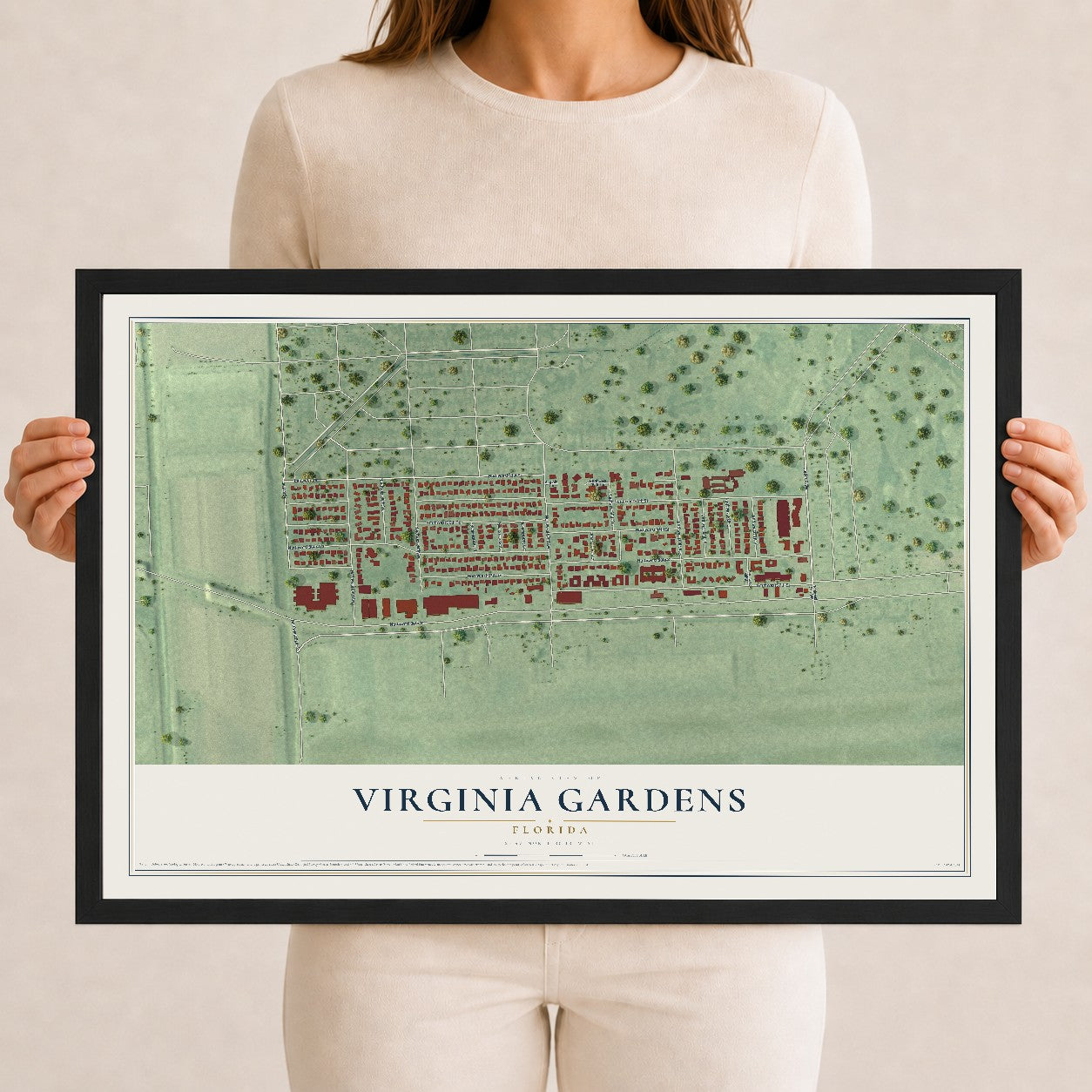 Virginia Gardens, Florida map print, 12" x 18" W/ Black Ayous Wood Frame mockup