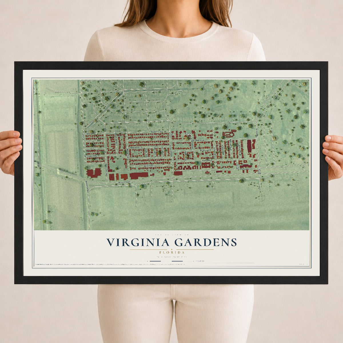 Virginia Gardens, Florida map print, 18" x 24" W/ Black Ayous Wood Frame mockup