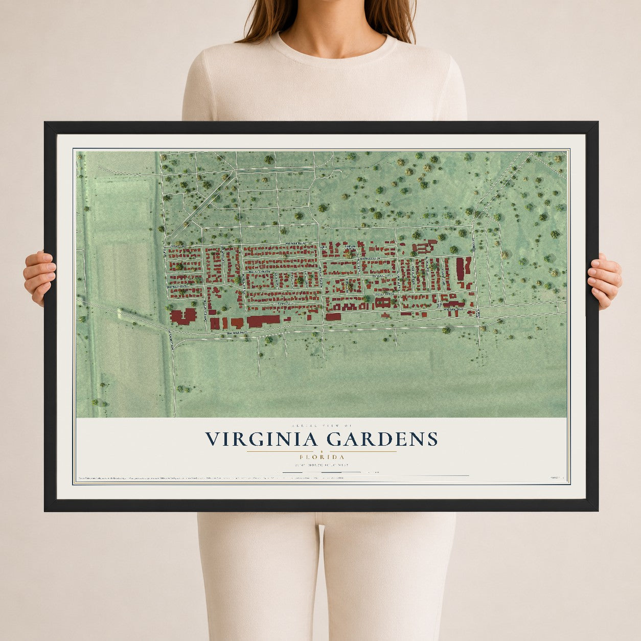 Virginia Gardens, Florida map print, 24" x 36" W/ Black Ayous Wood Frame mockup