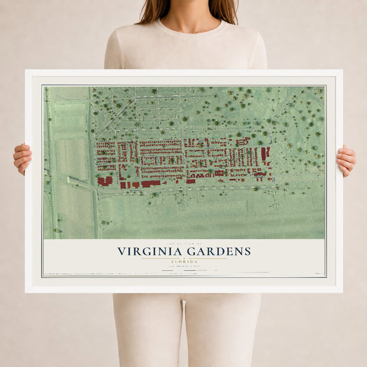 Virginia Gardens, Florida map print, 24" x 36" W/ White Ayous Wood Frame mockup
