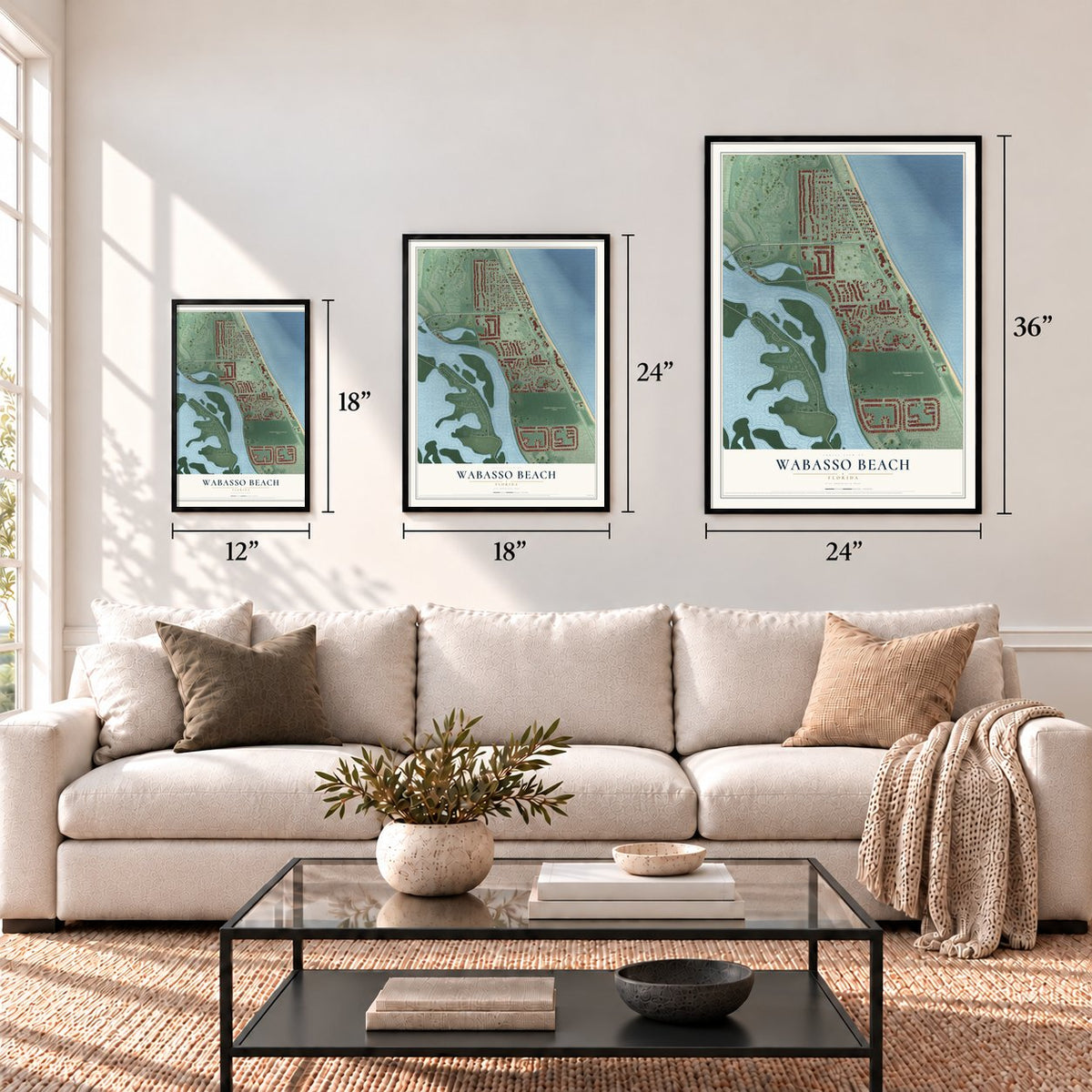 Wabasso Beach, Florida map in 12 x 18, 18 x 24 and 24 x 36 inch sizes above a sofa
