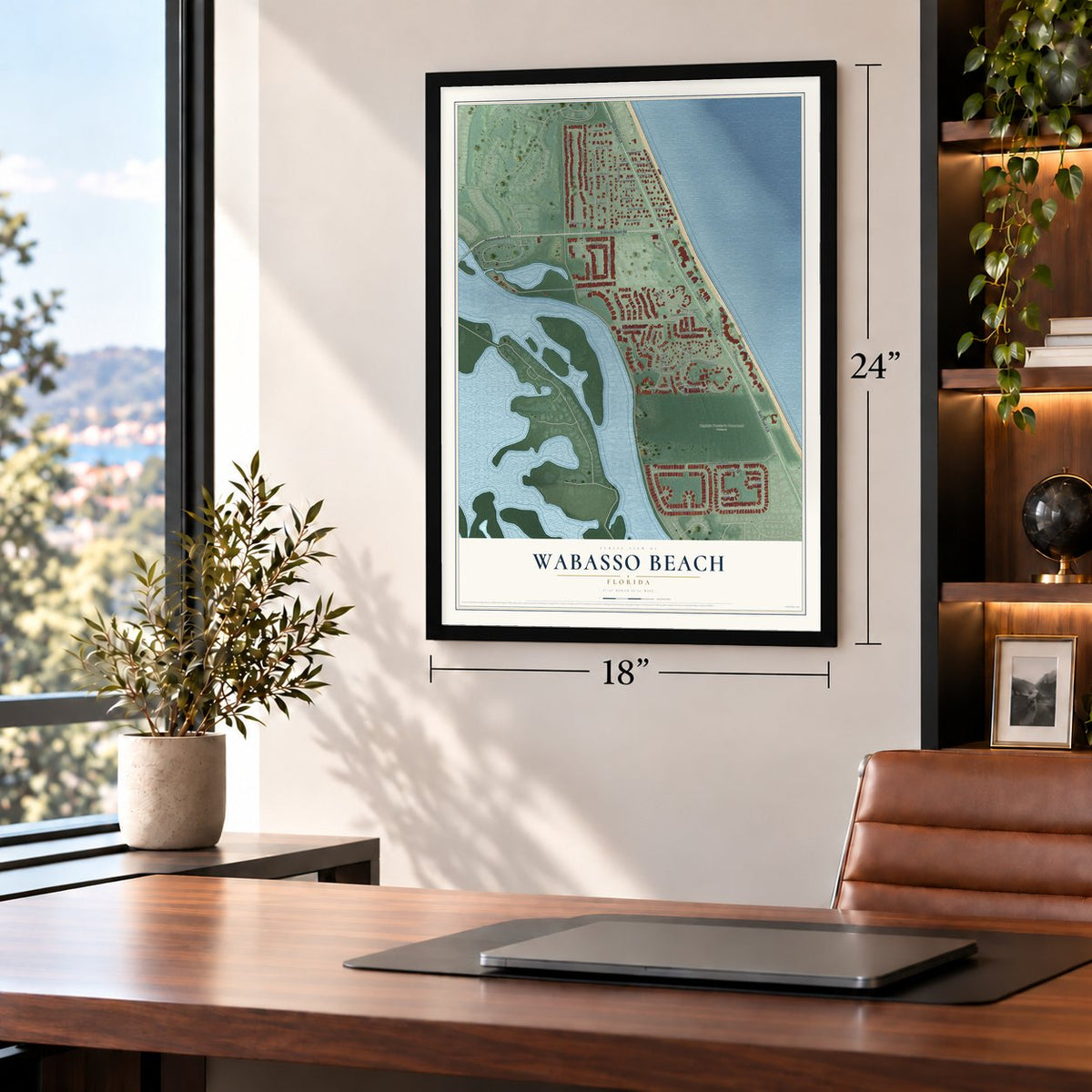 Wabasso Beach, Florida map, 18 x 24 inch print in a black frame in a home office