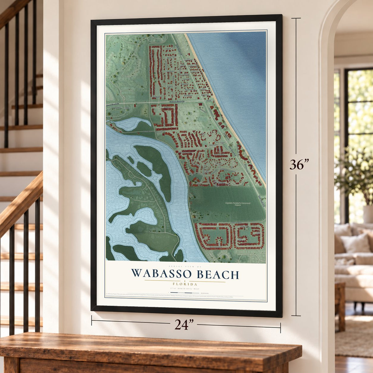 Wabasso Beach, Florida map, 24 x 36 inch print in a black frame by a staircase