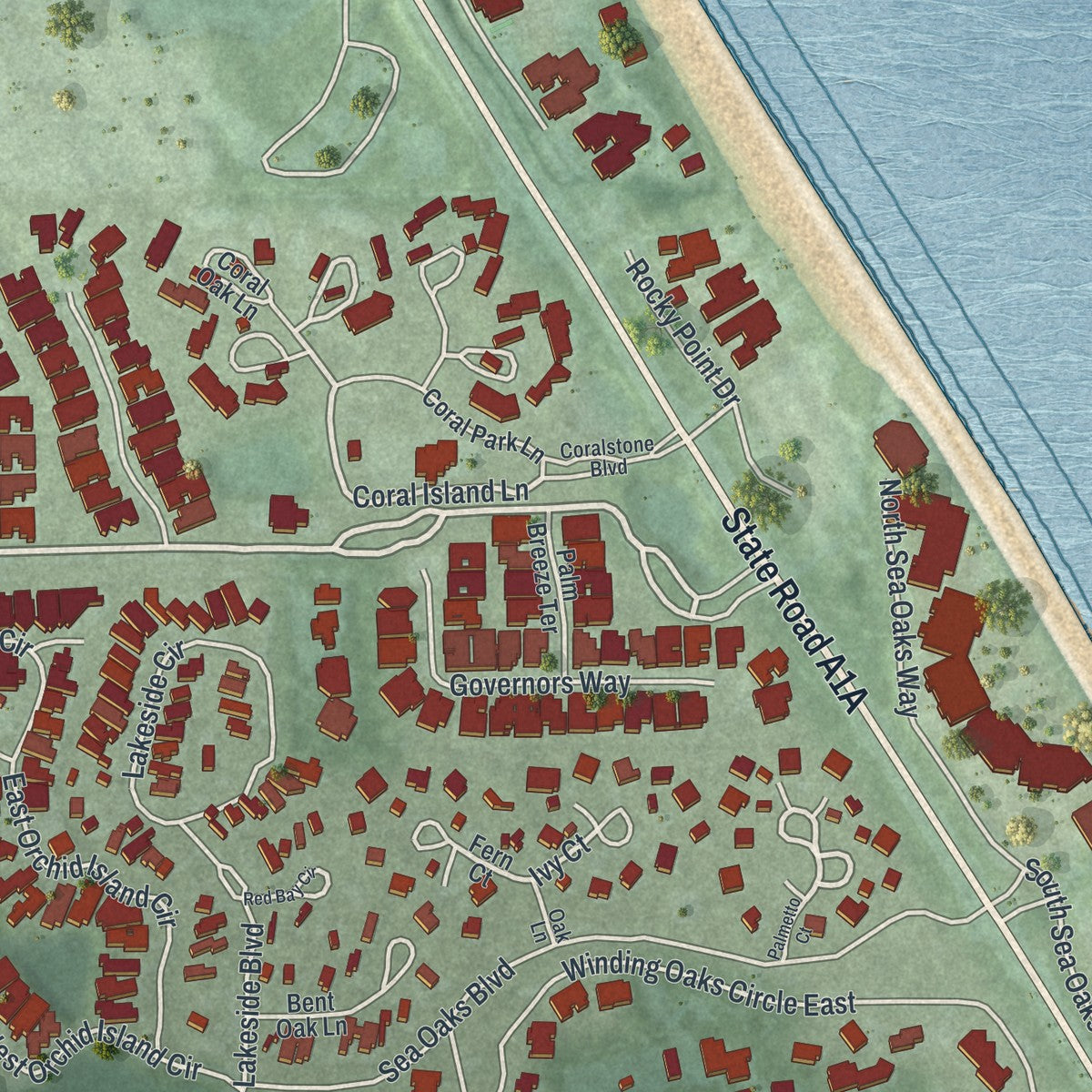 Close-up of the map of Wabasso Beach, Florida print showing street and building detail