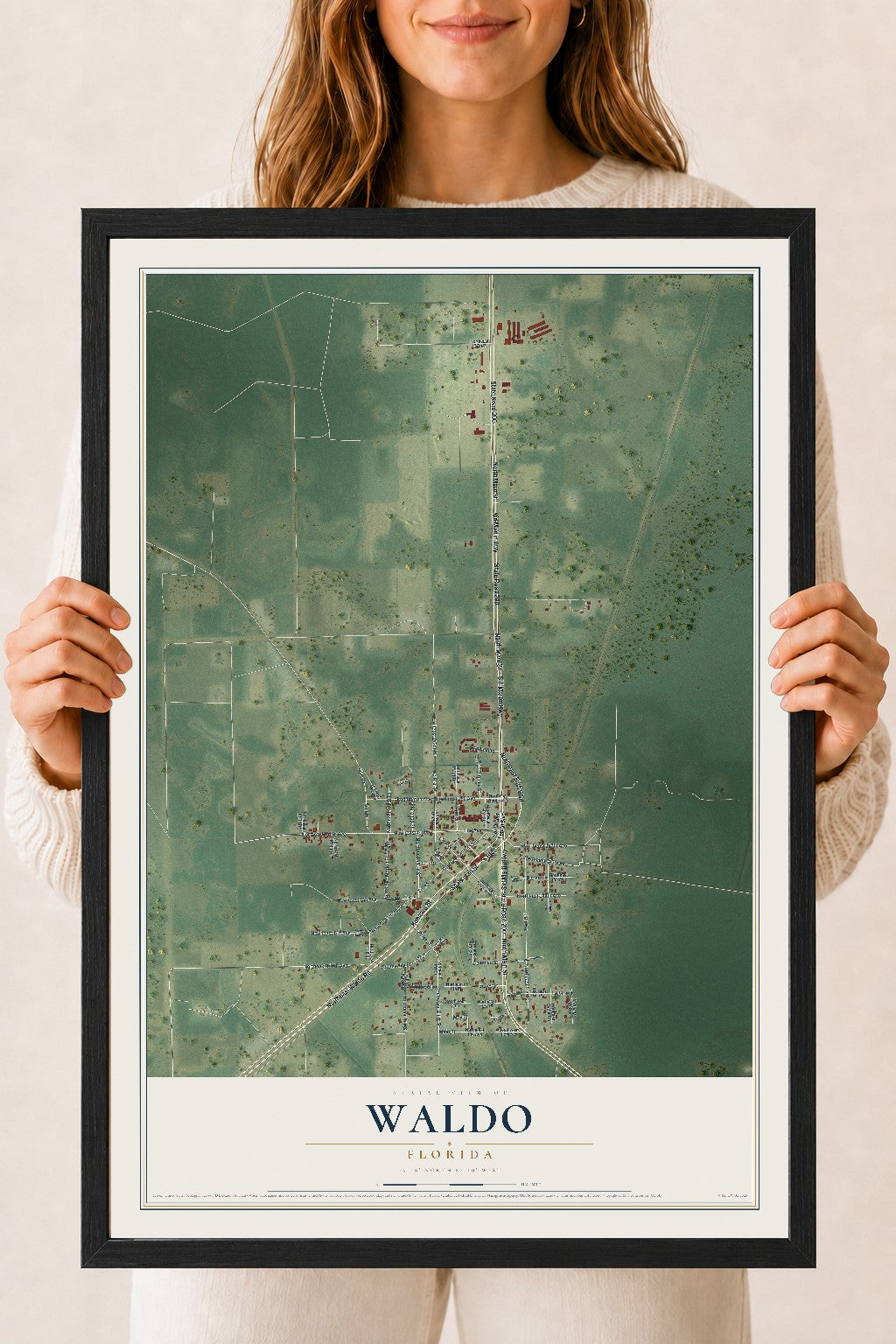 Waldo, Florida map print, 18" x 24" W/ Black Ayous Wood Frame mockup