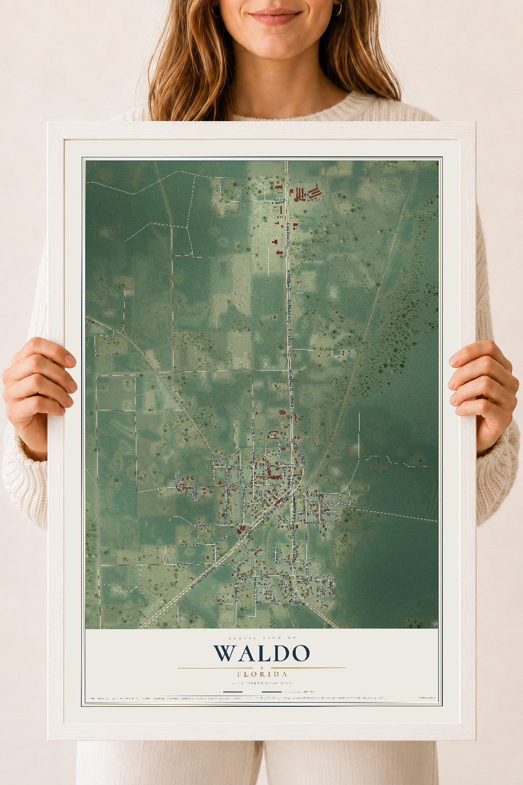Waldo, Florida map print, 18" x 24" W/ White Ayous Wood Frame mockup