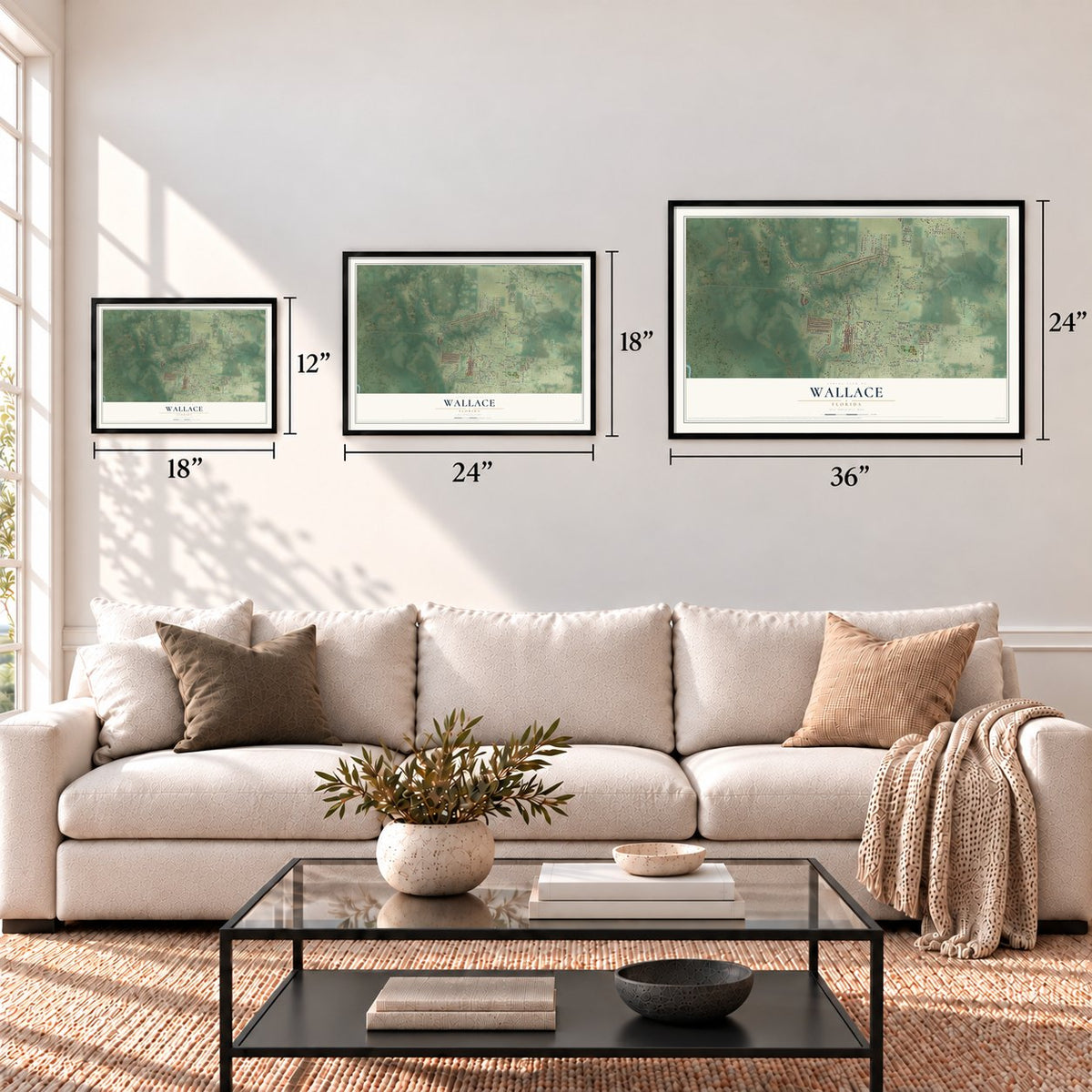 Wallace, Florida map in 12 x 18, 18 x 24 and 24 x 36 inch sizes above a sofa