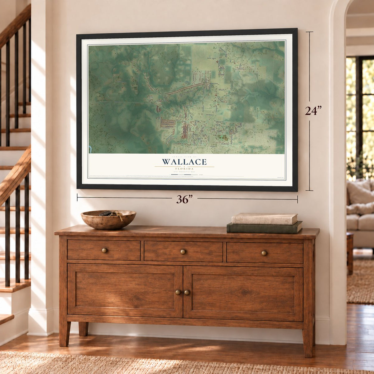 Wallace, Florida map, 24 x 36 inch print in a black frame above a dresser by a staircase