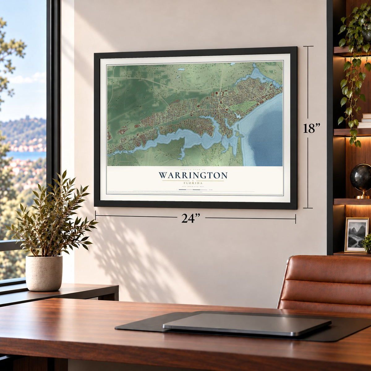 Warrington, Florida map, 18 x 24 inch print in a black frame in a home office