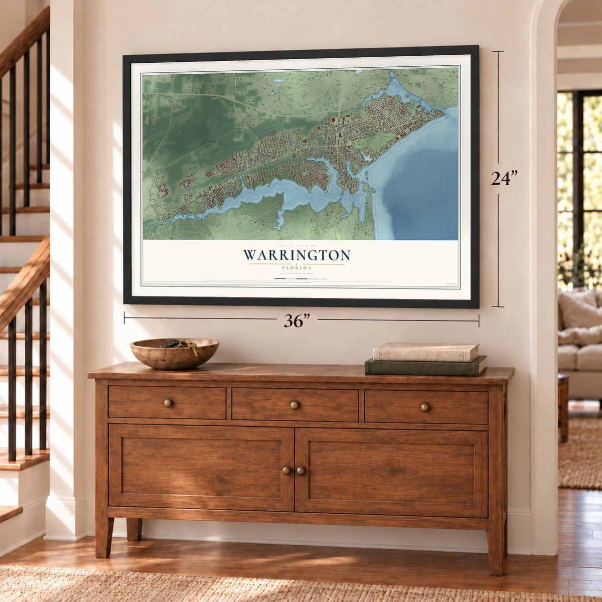 Warrington, Florida map, 24 x 36 inch print in a black frame above a dresser by a staircase