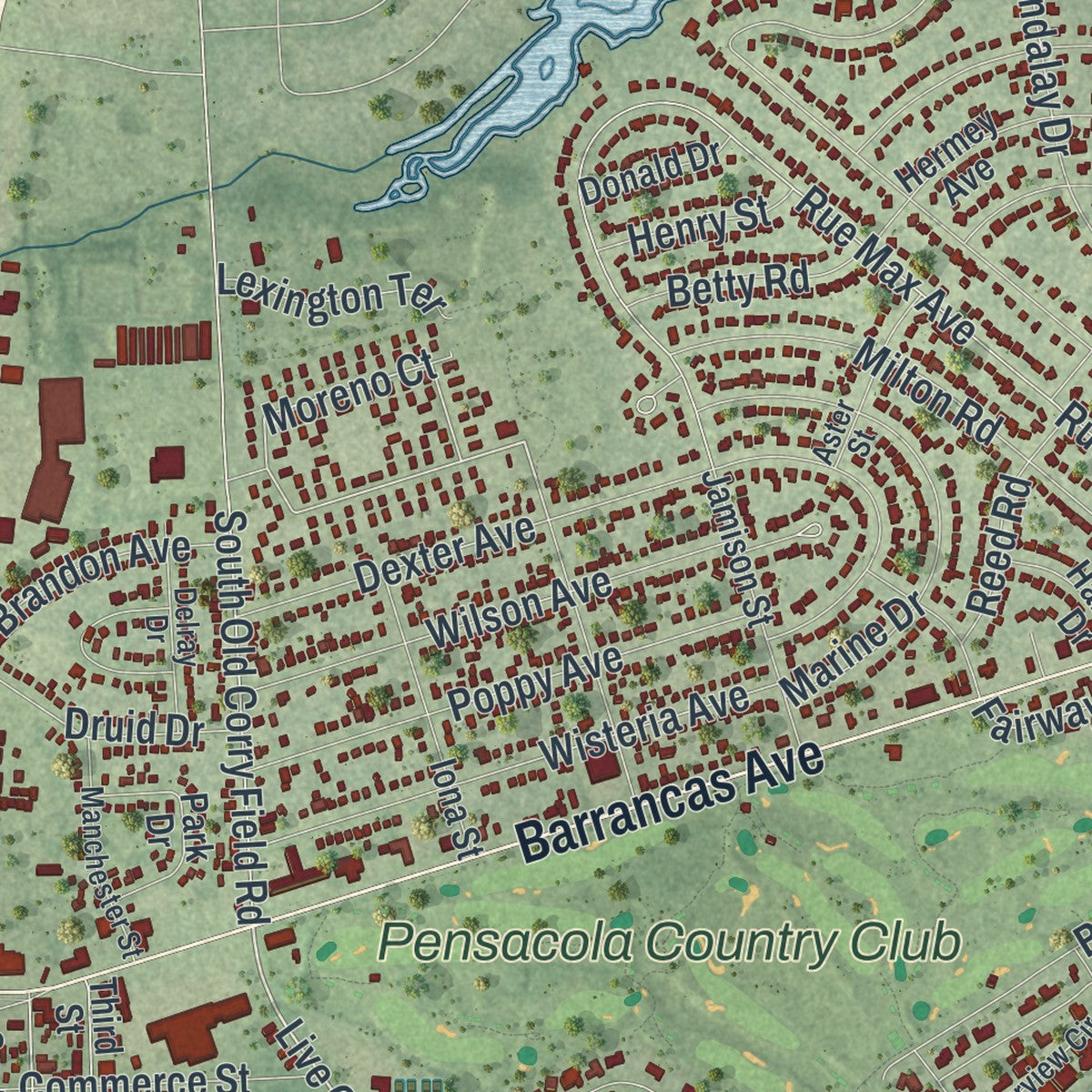 Close-up of the map of Warrington, Florida print showing street and building detail