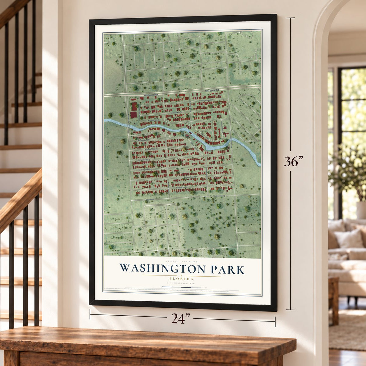 Washington Park, Florida map, 24 x 36 inch print in a black frame by a staircase