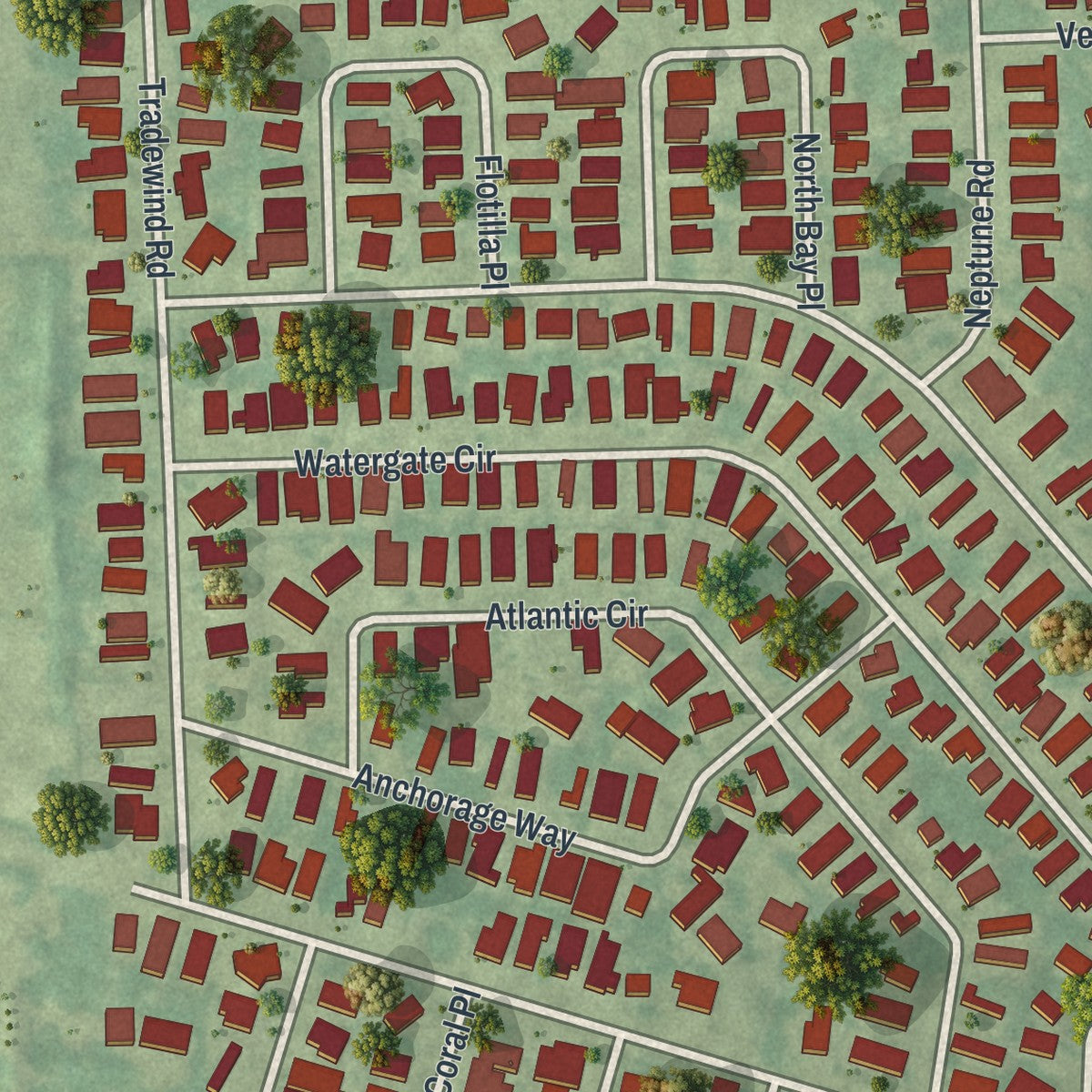 Close-up of the map of Watergate, Florida print showing street and building detail