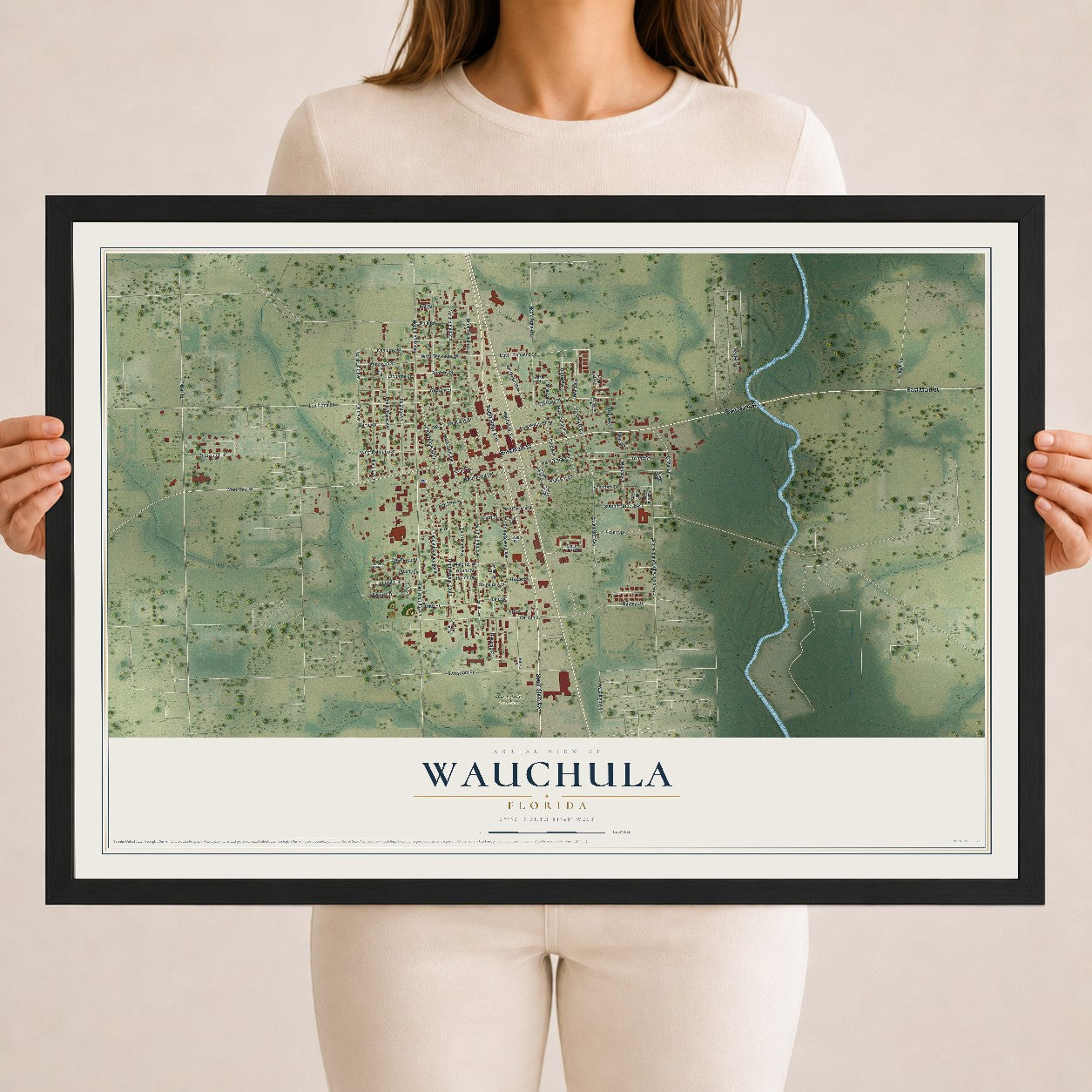 Wauchula, Florida map print, 18" x 24" W/ Black Ayous Wood Frame mockup