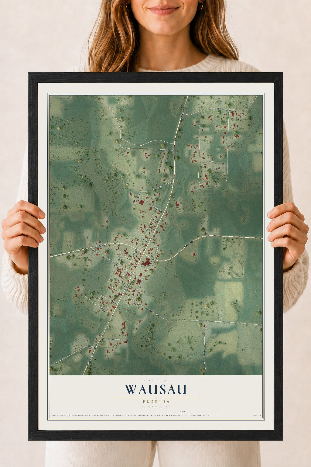 Wausau, Florida map print, 18" x 24" W/ Black Ayous Wood Frame mockup