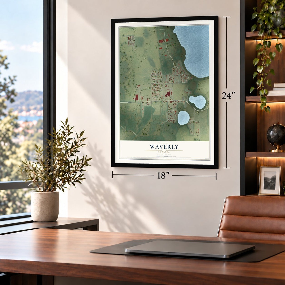 Waverly, Florida map, 18 x 24 inch print in a black frame in a home office