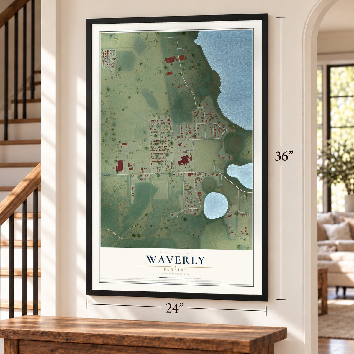 Waverly, Florida map, 24 x 36 inch print in a black frame by a staircase