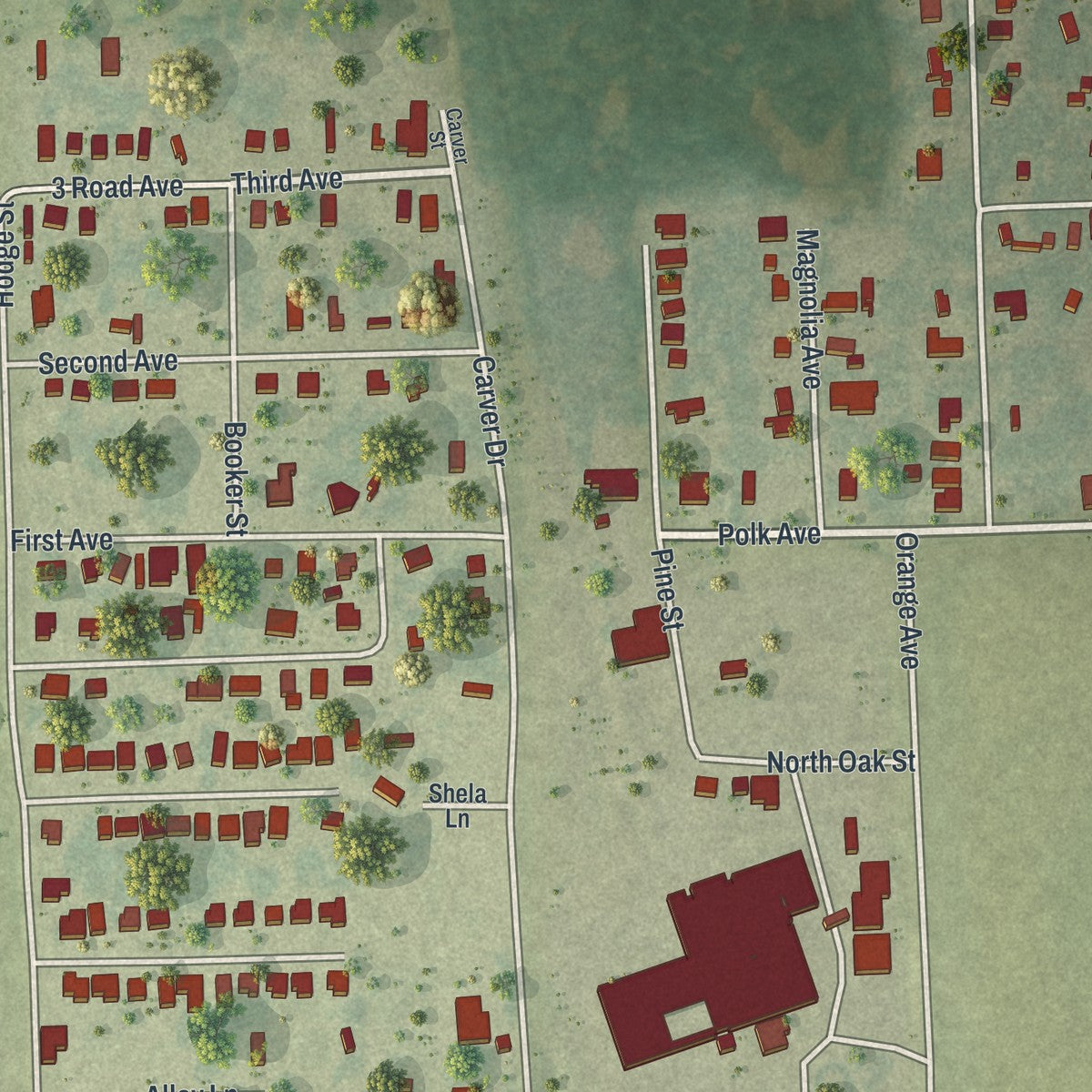 Close-up of the map of Waverly, Florida print showing street and building detail